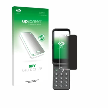 Parte frontal de un envase de producto con el logotipo de la marca upscreen. Al lado se muestra el dispositivo Doro Aurora A20