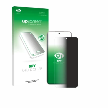 Parte frontal de un envase de producto con el logotipo de la marca upscreen. Al lado se muestra el dispositivo Honor 400 con s