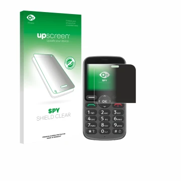 Parte frontal de un envase de producto con el logotipo de la marca upscreen. Al lado se muestra el dispositivo Doro 1380 con s