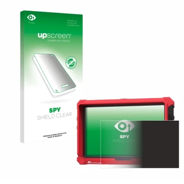 Parte frontal de un envase de producto con el logotipo de la marca upscreen. Al lado se muestra el dispositivo Lilliput A7s 7