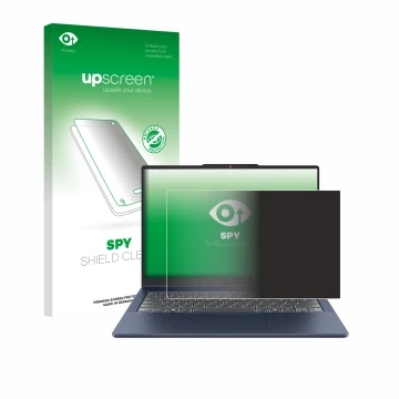 Parte frontal de un envase de producto con el logotipo de la marca upscreen. Al lado se muestra el dispositivo Lenovo IdeaPad 