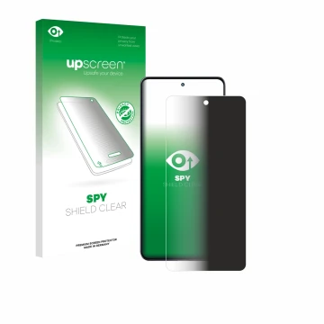 Parte frontal de un envase de producto con el logotipo de la marca upscreen. Al lado se muestra el dispositivo Motorola Moto G