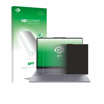 Parte frontal de un envase de producto con el logotipo de la marca upscreen. Al lado se muestra el dispositivo Lenovo IdeaPad 