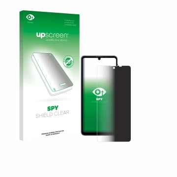 Parte frontal de un envase de producto con el logotipo de la marca upscreen. Al lado se muestra el dispositivo Sharp Aquos Sen
