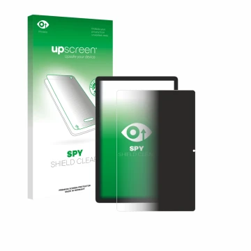 Parte frontal de un envase de producto con el logotipo de la marca upscreen. Al lado se muestra el dispositivo Doogee Tab E3 P