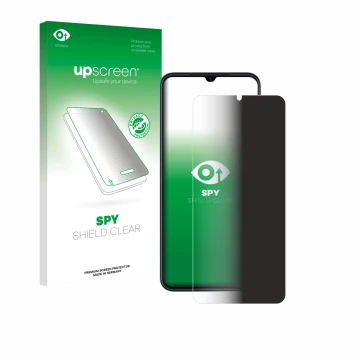 Parte frontal de un envase de producto con el logotipo de la marca upscreen. Al lado se muestra el dispositivo Huawei Nova Y61