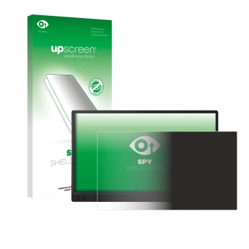 Parte frontal de un envase de producto con el logotipo de la marca upscreen. Al lado se muestra el dispositivo ASUS ZenScreen 