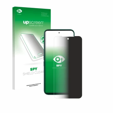 Parte frontal de un envase de producto con el logotipo de la marca upscreen. Al lado se muestra el dispositivo Fairphone 6 con