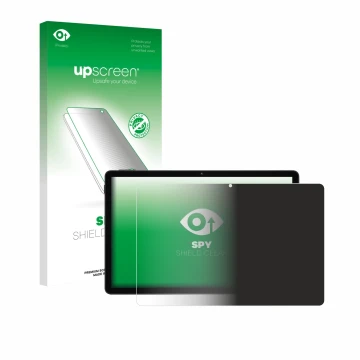Parte frontal de un envase de producto con el logotipo de la marca upscreen. Al lado se muestra el dispositivo Doogee Tab A9 P
