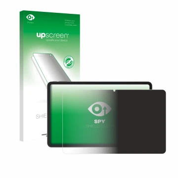 Parte frontal de un envase de producto con el logotipo de la marca upscreen. Al lado se muestra el dispositivo Doogee V Pad 12