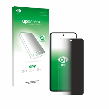 Parte frontal de un envase de producto con el logotipo de la marca upscreen. Al lado se muestra el dispositivo realme P3 5G co