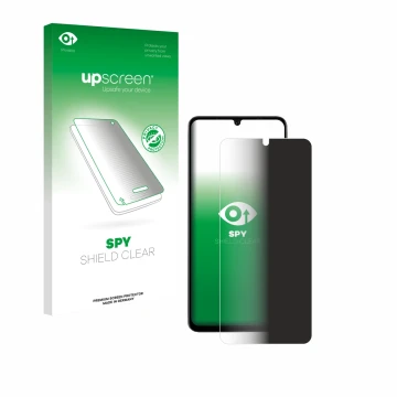 Parte frontal de un envase de producto con el logotipo de la marca upscreen. Al lado se muestra el dispositivo Doogee Note 59 