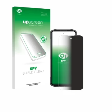 Parte frontal de un envase de producto con el logotipo de la marca upscreen. Al lado se muestra el dispositivo Doogee Blade 20