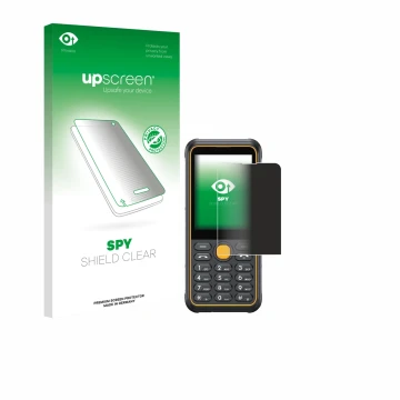 Parte frontal de un envase de producto con el logotipo de la marca upscreen. Al lado se muestra el dispositivo Ulefone Armor M