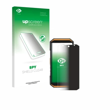 Parte frontal de un envase de producto con el logotipo de la marca upscreen. Al lado se muestra el dispositivo Ulefone Armor X