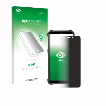 Parte frontal de un envase de producto con el logotipo de la marca upscreen. Al lado se muestra el dispositivo Oukitel WP32 Pr