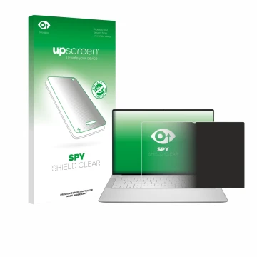 Parte frontal de un envase de producto con el logotipo de la marca upscreen. Al lado se muestra el dispositivo Dell 14 Premium