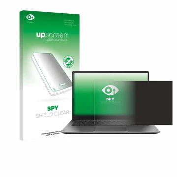 Parte frontal de un envase de producto con el logotipo de la marca upscreen. Al lado se muestra el dispositivo ASUS Chromebook