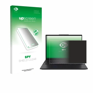 Parte frontal de un envase de producto con el logotipo de la marca upscreen. Al lado se muestra el dispositivo Lenovo ThinkPad