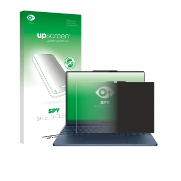 Parte frontal de un envase de producto con el logotipo de la marca upscreen. Al lado se muestra el dispositivo Lenovo Yoga Pro