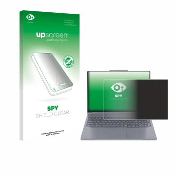 Parte frontal de un envase de producto con el logotipo de la marca upscreen. Al lado se muestra el dispositivo Lenovo ThinkBoo