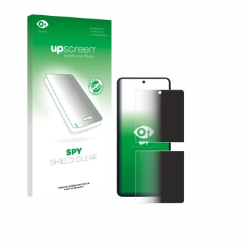 Parte frontal de un envase de producto con el logotipo de la marca upscreen. Al lado se muestra el dispositivo Samsung Galaxy 