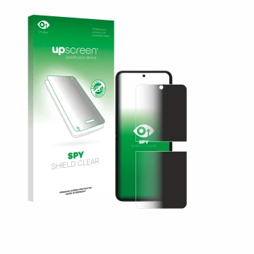 Parte frontal de un envase de producto con el logotipo de la marca upscreen. Al lado se muestra el dispositivo Samsung Galaxy 