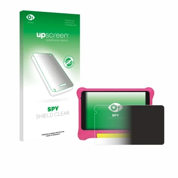 Parte frontal de un envase de producto con el logotipo de la marca upscreen. Al lado se muestra el dispositivo Happybe Kids Ta