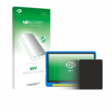 Parte frontal de un envase de producto con el logotipo de la marca upscreen. Al lado se muestra el dispositivo Happybe Kids Ta