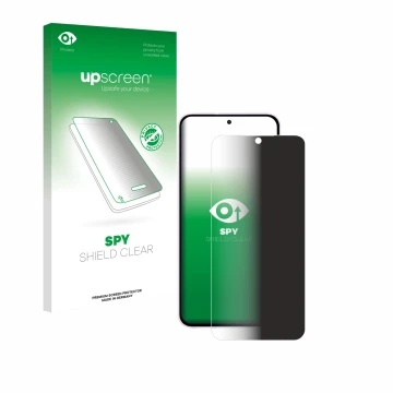 Parte frontal de un envase de producto con el logotipo de la marca upscreen. Al lado se muestra el dispositivo Samsung Galaxy 