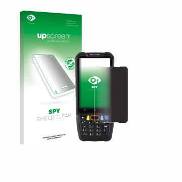 Parte frontal de un envase de producto con el logotipo de la marca upscreen. Al lado se muestra el dispositivo Point Mobile PM