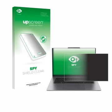 Parte frontal de un envase de producto con el logotipo de la marca upscreen. Al lado se muestra el dispositivo Lenovo ThinkPad