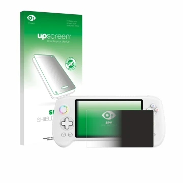 Parte frontal de un envase de producto con el logotipo de la marca upscreen. Al lado se muestra el dispositivo Anbernic RG557 