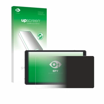 Parte frontal de un envase de producto con el logotipo de la marca upscreen. Al lado se muestra el dispositivo Feelworld CUT6 