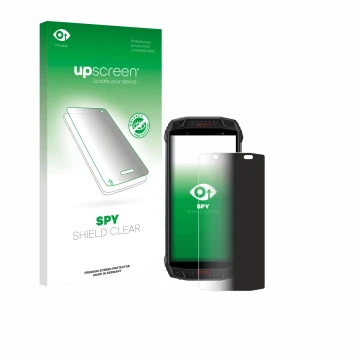 Parte frontal de un envase de producto con el logotipo de la marca upscreen. Al lado se muestra el dispositivo Ulefone Armor 1
