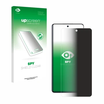 Parte frontal de un envase de producto con el logotipo de la marca upscreen. Al lado se muestra el dispositivo realme 15 Pro c