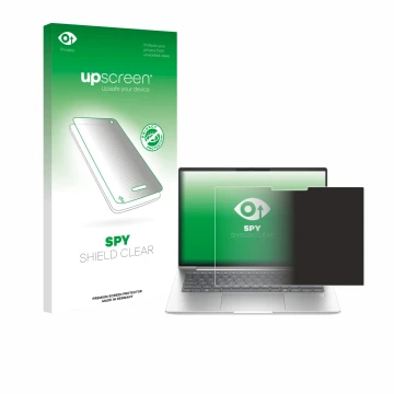 Parte frontal de un envase de producto con el logotipo de la marca upscreen. Al lado se muestra el dispositivo HP ProBook 4 G1