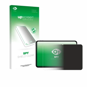 Parte frontal de un envase de producto con el logotipo de la marca upscreen. Al lado se muestra el dispositivo Teclast T65 con