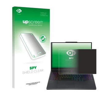 Parte frontal de un envase de producto con el logotipo de la marca upscreen. Al lado se muestra el dispositivo Lenovo Legion 5