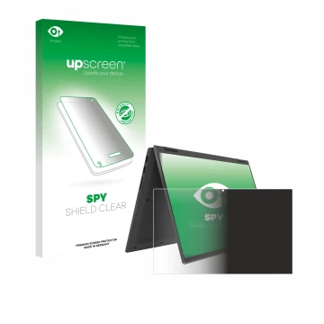 Parte frontal de un envase de producto con el logotipo de la marca upscreen. Al lado se muestra el dispositivo Lenovo IdeaPad 