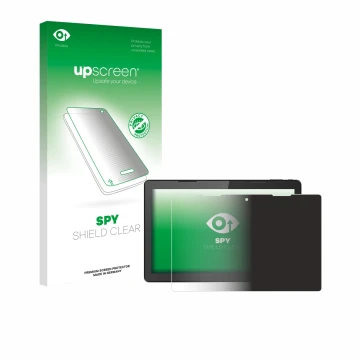 Parte frontal de un envase de producto con el logotipo de la marca upscreen. Al lado se muestra el dispositivo Hannspree Pad 1