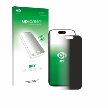 Parte frontal de un envase de producto con el logotipo de la marca upscreen. Al lado se muestra el dispositivo Apple iPhone 17