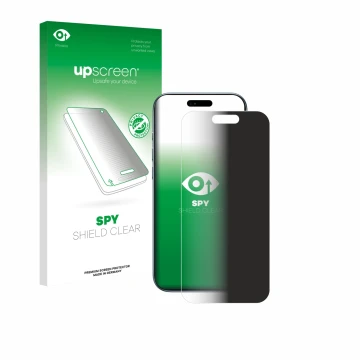 Parte frontal de un envase de producto con el logotipo de la marca upscreen. Al lado se muestra el dispositivo Apple iPhone Ai