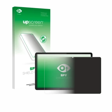 Parte frontal de un envase de producto con el logotipo de la marca upscreen. Al lado se muestra el dispositivo Lenovo Tab K11e