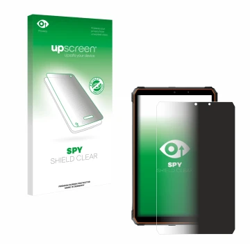 Parte frontal de un envase de producto con el logotipo de la marca upscreen. Al lado se muestra el dispositivo Blackview Activ