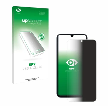 Parte frontal de un envase de producto con el logotipo de la marca upscreen. Al lado se muestra el dispositivo Samsung Galaxy 
