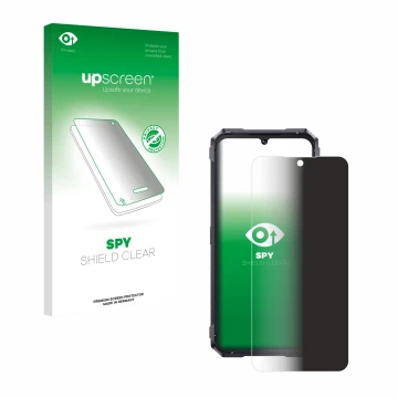 Parte frontal de un envase de producto con el logotipo de la marca upscreen. Al lado se muestra el dispositivo Cubot King Kong