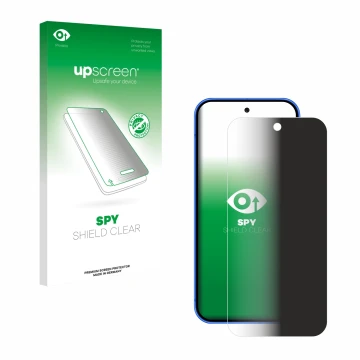 Parte frontal de un envase de producto con el logotipo de la marca upscreen. Al lado se muestra el dispositivo Google Pixel 10