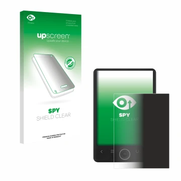 Parte frontal de un envase de producto con el logotipo de la marca upscreen. Al lado se muestra el dispositivo SPC Light 2 con