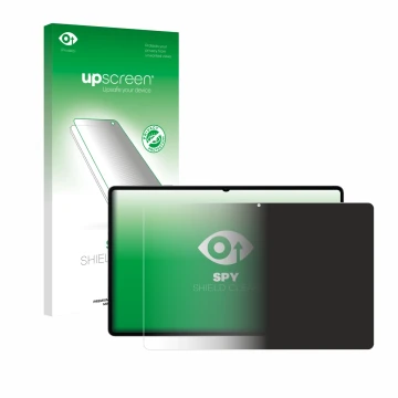 Parte frontal de un envase de producto con el logotipo de la marca upscreen. Al lado se muestra el dispositivo Samsung Galaxy 